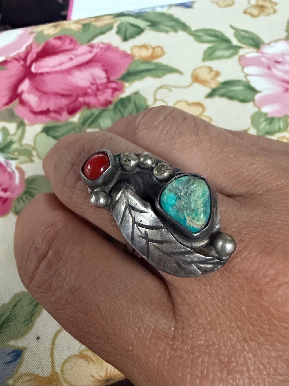 Turquoise and Red Stone Feather Ring - Women Jewelry